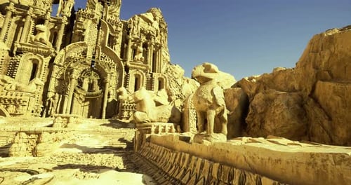 Intricate Stone Carvings in Ancient Ruins Under Bright Sunlight