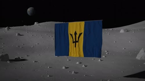 Barbados Flag Waving on Moon Surface with Distant Earth View