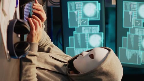 Vidéo verticale : voleur masqué volant des informations sur un serveur de base de données
