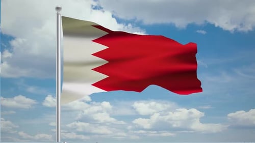 Bahrain Flag Waving in Blue Sky with Clouds