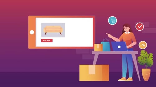 Woman Shopping Online with Smartphone and Laptop Animation