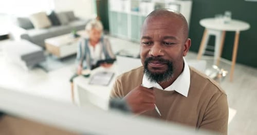 Mature, businessman and thinking of solution in office for financial growth