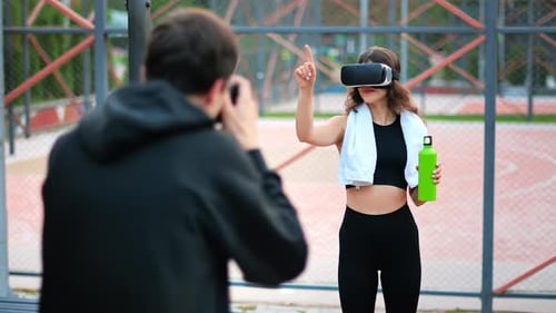 Woman with VR Headset Outdoors