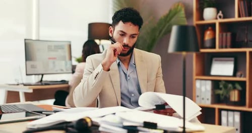 Documents, lawyer and business man in office reading for case study, contract review and policy