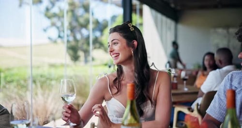 Happy friends, cheers and talk in restaurant with wine for social gathering, milestone and bonding