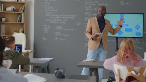 Male Teacher Explaining Diagram to Young Students