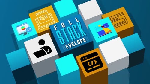 Concept of Full Stack Developer Title With Icons on 3D Cube Animation