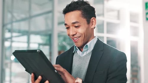 Businessman, tablet and happy with profit, finance and company sales for data analysis in office