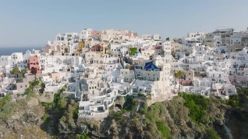 Aerial view of cliffside villas at Oia, Santorini, Greece