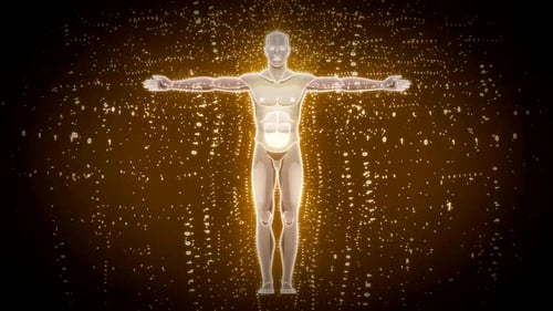 Glowing human form with binary code background for tech concepts