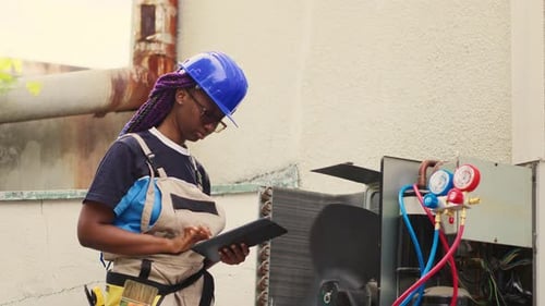 Woman Engineer Using Tablet to Repair Air Conditioner