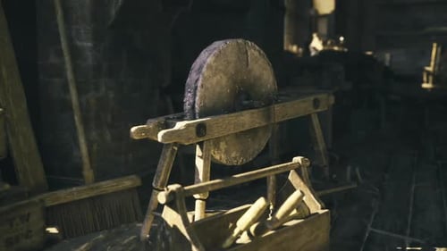 Evening Glow Highlights Focused Woodworking Environment with Tools and Materials