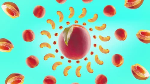 Animated Fresh Peaches and Slices Rotating on Vibrant Aqua Background