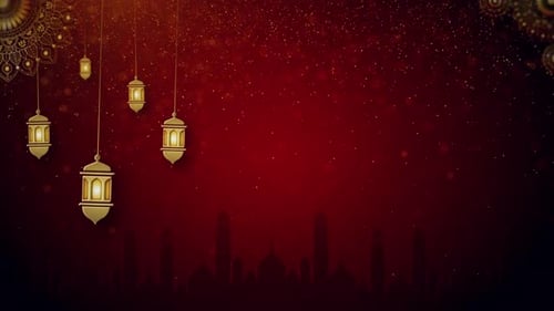 Ramadan Kareem Golden Lanterns and Mosque Silhouette Background