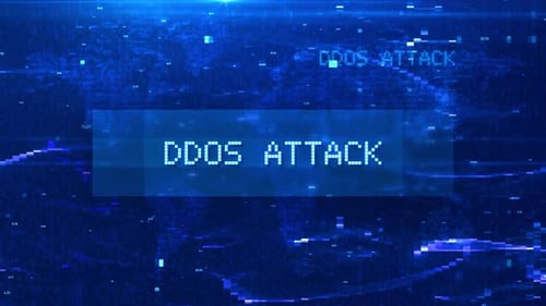 Animação de texto digital de ataque DDOS sobre mapa mundial futurista e efeitos HUD