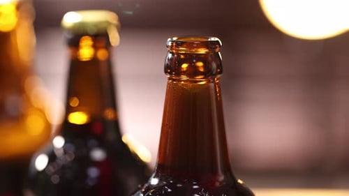 Close up of brown beer bottles with condensation