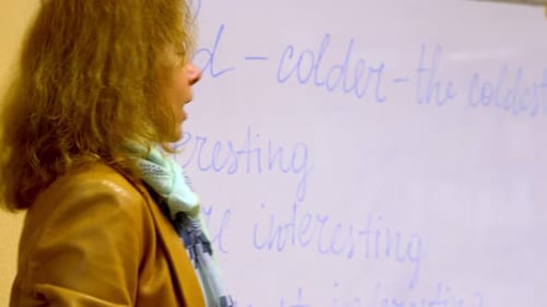 english school - young teacher explains adjectives in english