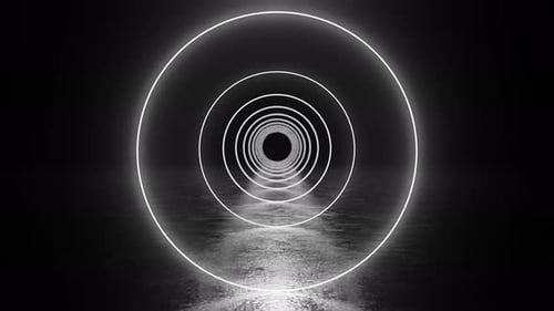 Bright neon tunnel reflecting on wet floor