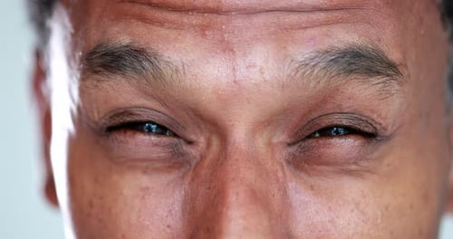 African man eyes squinting. Close-up black guy closing eyes squint