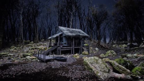 Cabin in the forest with Thunderstorm Sky