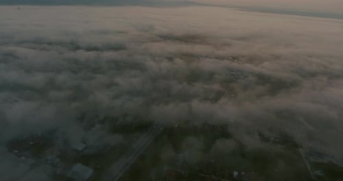 Aerial View of Morning Town Covered by Mist, Sunrise Aerial