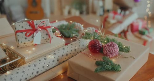 Wrapped Holiday Gifts with Festive Decorations at Home