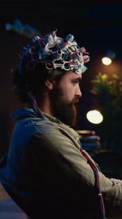 Vertikaler Videoentwickler mit EEG-Headset zur Programmierung des Gehirntransfers in die virtuelle Welt