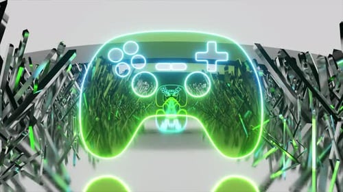 Green Glowing Gamepad Icon Appearing in a Metallic Abstract Environment on White Background with