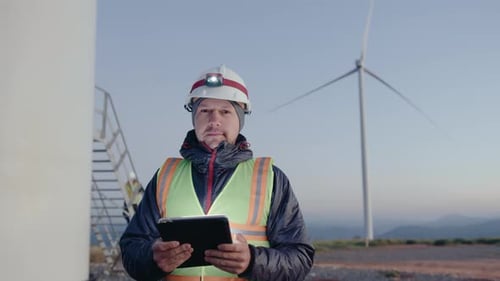 Ingenieur für erneuerbare Energien posiert mit digitalem Tablet im Windpark
