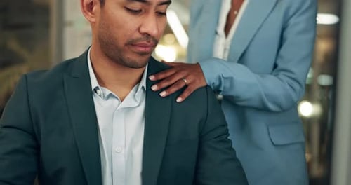 Business people, flirt and night with touch at office for love, affair or relationship at workplace