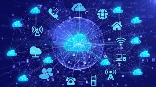 Cloud Computing Network with Interconnected Digital Technology Icons