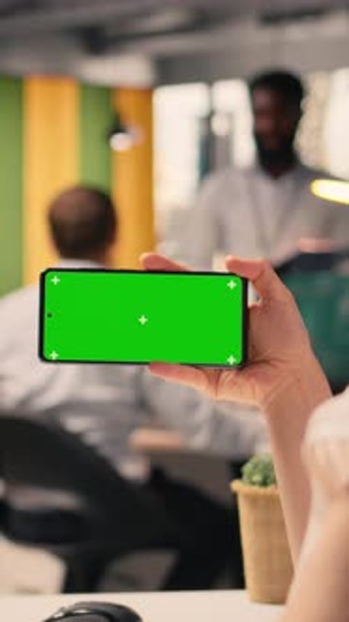 Vertical Video Isolated Chroma Key Phone Businesswoman Seated Workspace Desk
