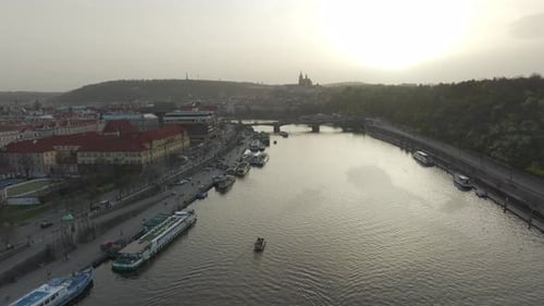 April 2024 - 4K Aerial of sunset in Prague, Czech Republic.