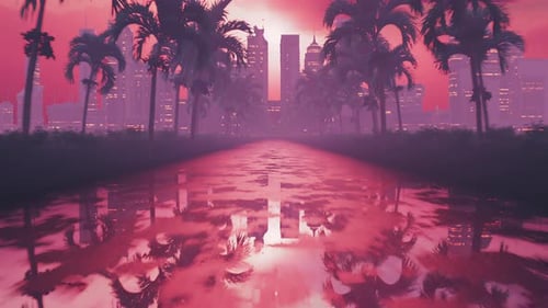 Retro Synthwave City Flythrough with Palm Tree and Water Reflections
