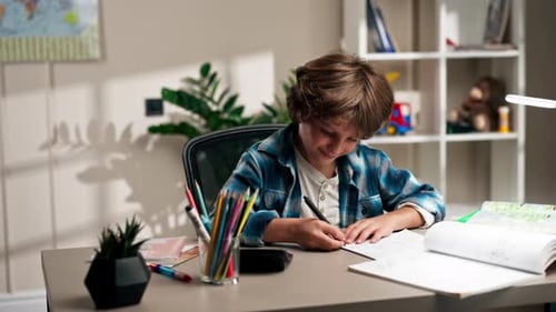 Boy Writes at Desk, Education Concept