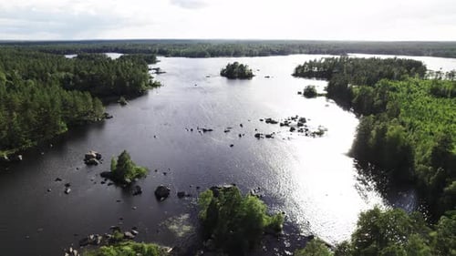 Fly over lake in forest towards small island