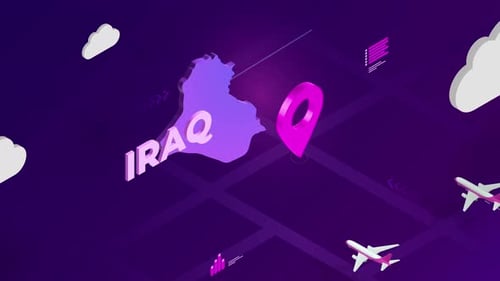 3D Isometric Map of Iraq with Location Pin and Airplanes