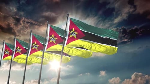 Waving Flags of Mozambique in Cinematic Cloudy Sky
