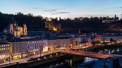 Autumn Evening Timelapse of Salzburg Skyline with Old City and River