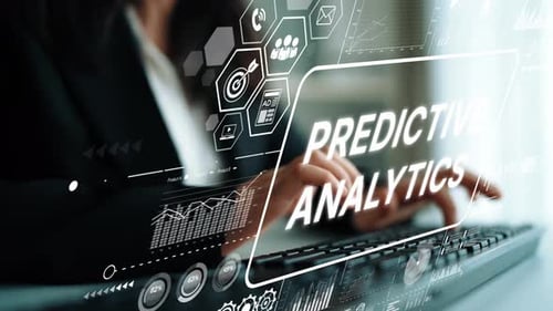 Woman Typing on Keyboard with Analytics Overlay