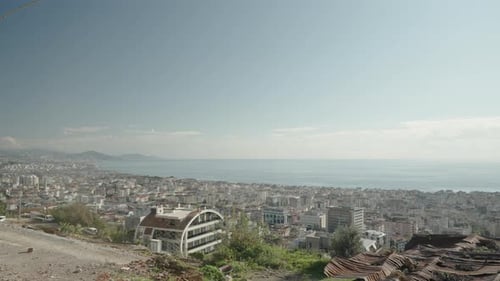 Panoramic View of the City of Alanya in Turkey from a High Point overlooking the Sea on a Clear Day.