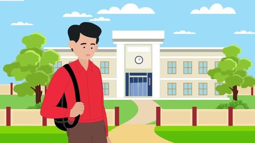 Student With Backpack In Front Of School Building On A Bright Day