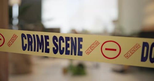 Crime scene, robbery and tape in house for evidence, investigation and inspection