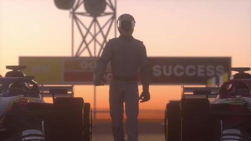 Racing driver pilot walk between two race cars. Car Racing Concept