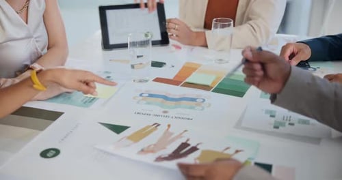 Fashion designer, paper and planning in meeting with creative strategy, choice