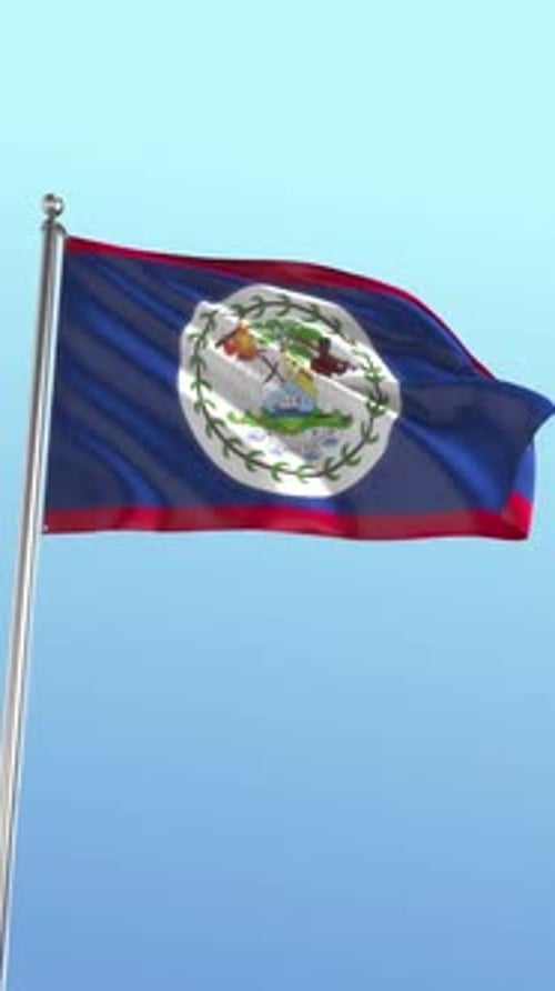 Belize National Flag Waving in Realistic 3D Animation Against Blue Sky
