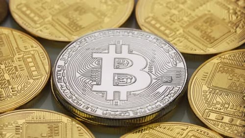 Bitcoin cryptocurrency coins closeup view, metal currency money