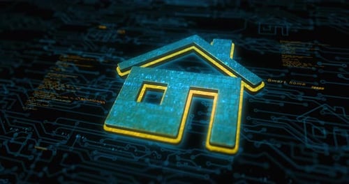 Glowing Smart Home Icon on Digital Circuit Board Background