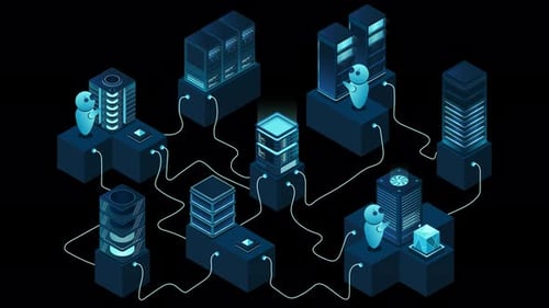 Animation de grand centre de données à concept isométrique 3D avec serveur. Informatique en nuage. Mainframe réseau