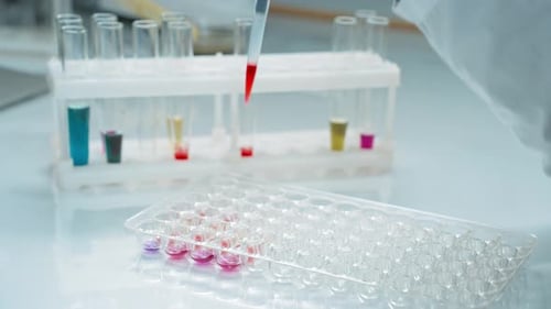 Red Liquid Sampled into Lab Tray for Research